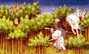 Fr 2810 f.200v, Genghis Khan undslipper sine fjender ved at gemme sig i buskene, fra Livre des Merveilles du Monde, ca. 1410-12 (tempera på vellum) af French School